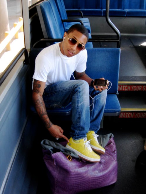 Pharell with Purple Chloe Cyndi Tote and Yellow Croc Sneakers